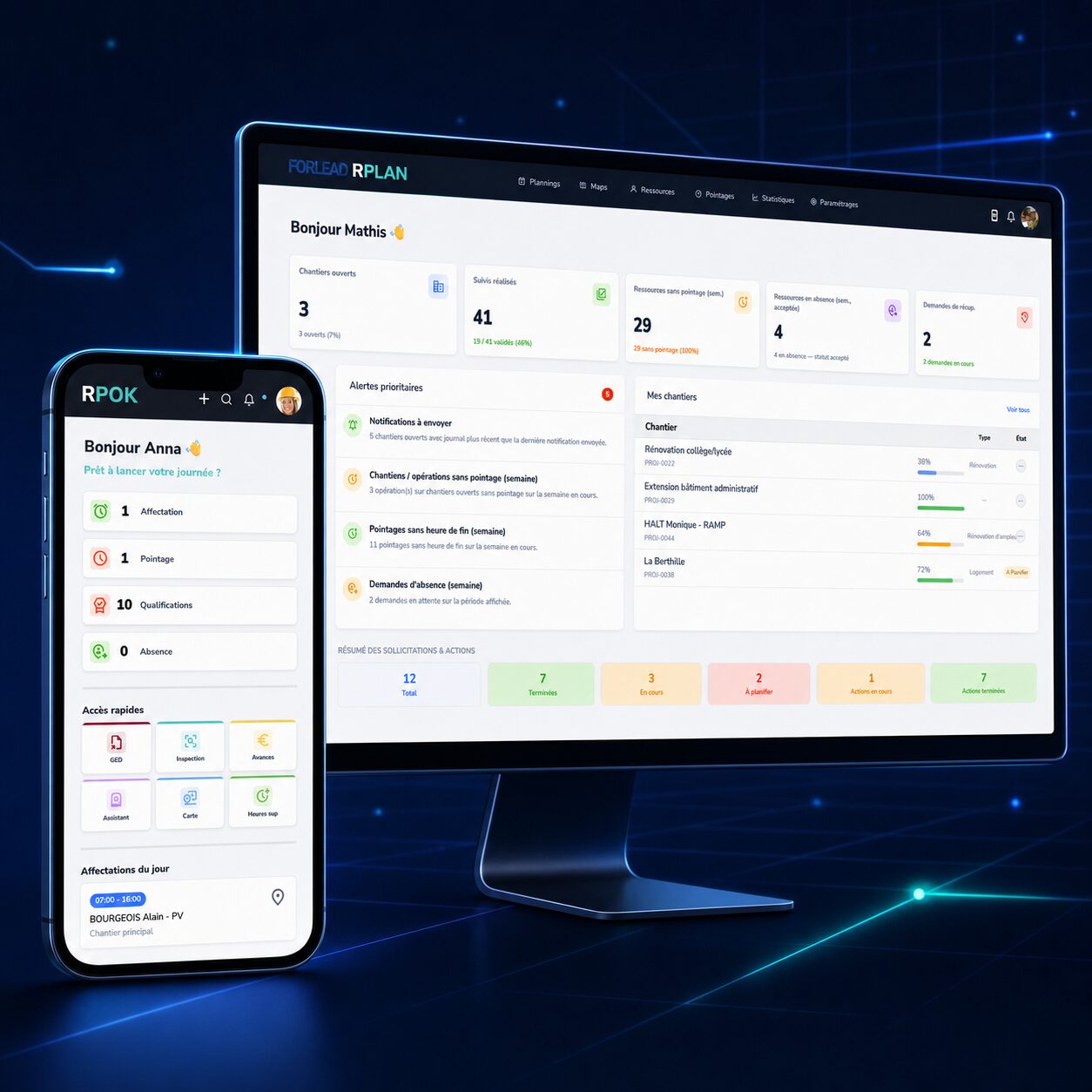 Interface du logiciel de planification RPlan sur ordinateur et téléphone