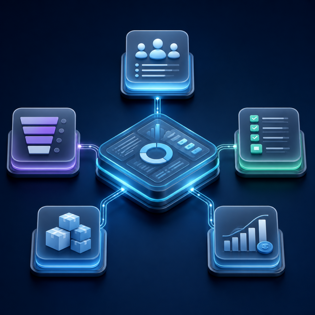 Illustration d’un système ERP et CRM reliant les différentes fonctions de l’entreprise